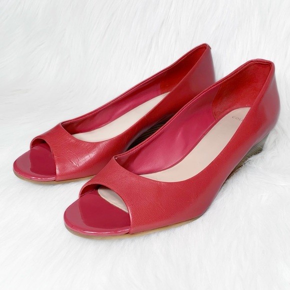 SOLD-Cole Haan Leather Peep Toe Low Heel Red Wedge Slip On Shoes - Picture 5 of 14